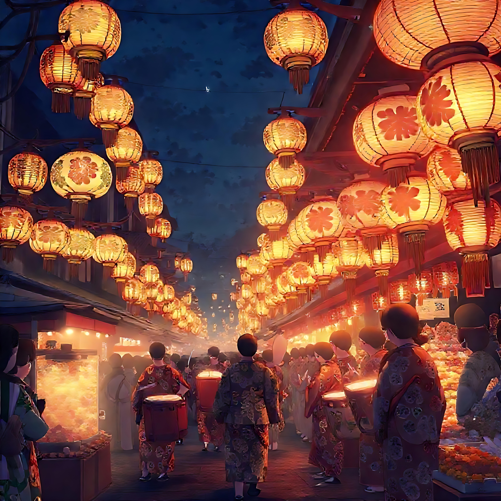 アニメ提灯祭りの夜景 輝く提灯と伝統的な着物を着た人々が登場する、活気あふれる日本の祭りのアニメシーン。