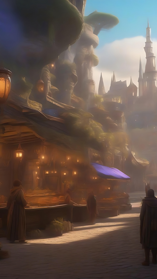 ファンタジーマーケットの魅惑的な輝き 光るランタンと遠くに城のあるファンタジーマーケット。