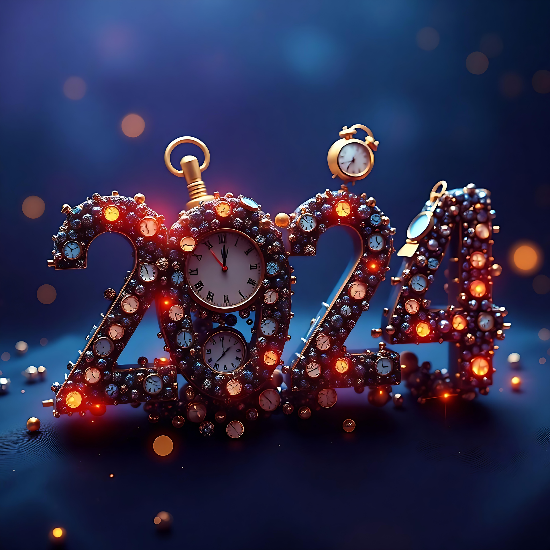 Splendido Sfondo di Celebrazione del Nuovo Anno 2024 Una splendida opera d'arte del 2024 con gemme scintillanti, quadranti di orologi vintage e luci festive luminose.