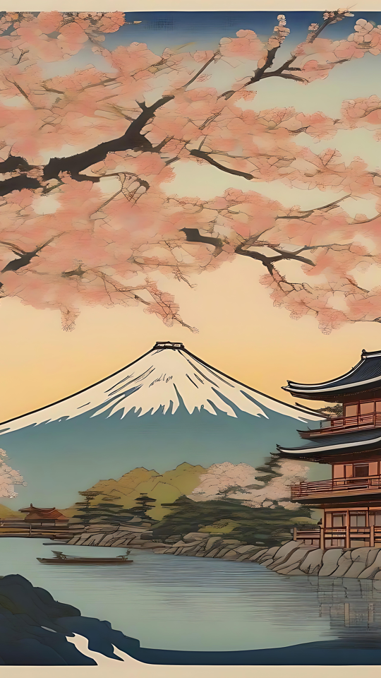 Tranquility Among Cherry Blossoms: A Japanese Masterpiece Japanese cherry blossom scene with Mount Fuji and pagoda