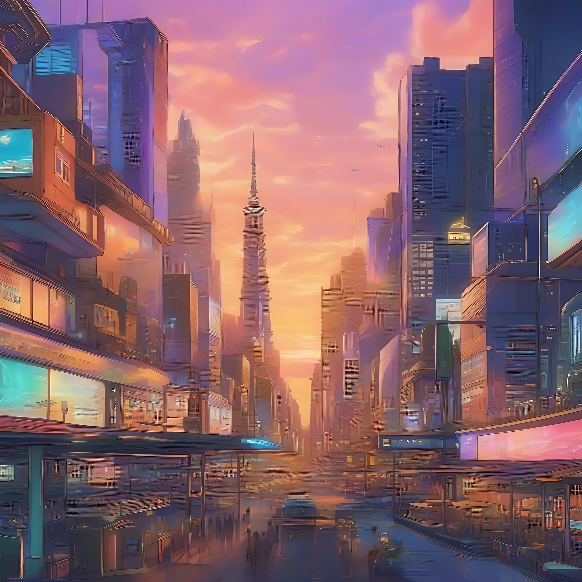Rêve Urbain Vibrant : Coucher de Soleil Animé Futuriste Paysage urbain futuriste d'anime au coucher du soleil avec gratte-ciel lumineux et néons.