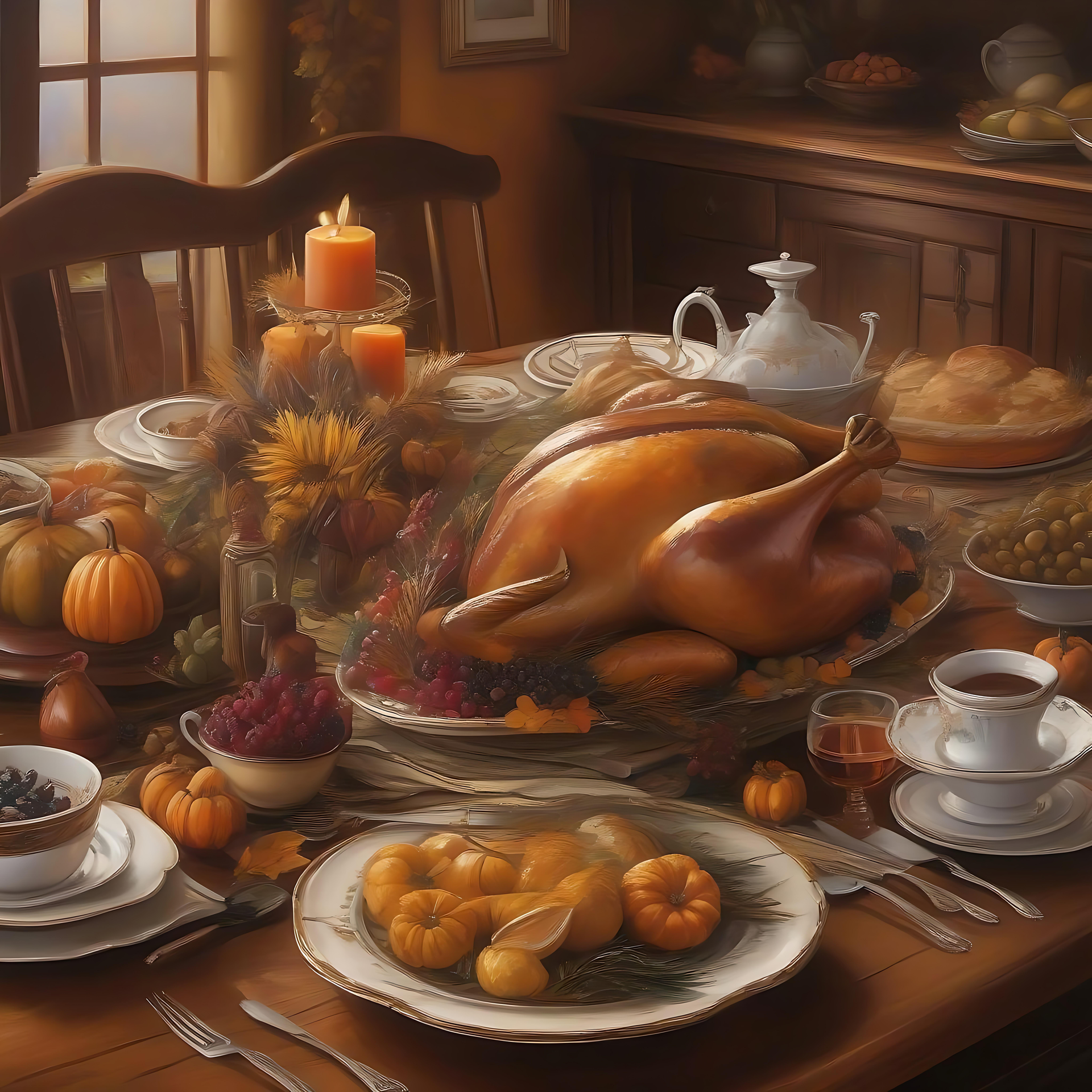 Un fond d'écran chaleureux de table de Thanksgiving Une disposition confortable pour un festin de Thanksgiving, avec une dinde dorée, des citrouilles, des fruits et la lumière des bougies sur une table à manger.