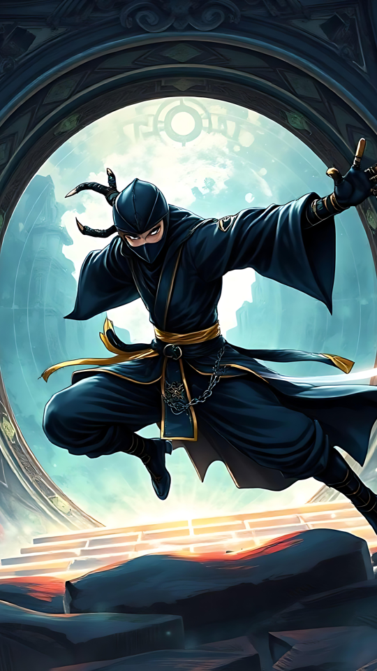 Ninja Enigmático Saltando em Ação Ninja de anime saltando no ar na frente de um portal circular místico brilhante com ornamentos de caveiras escuras.