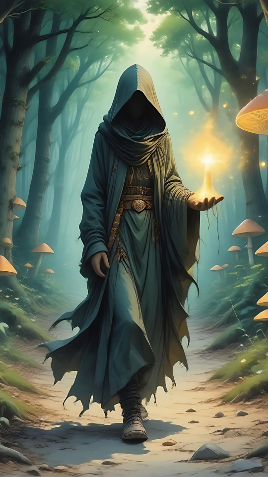 The Enigmatic Mage of the Enchanted Forest Anime hooded mage holding glowing magic in an enchanted forest with luminous mushrooms.