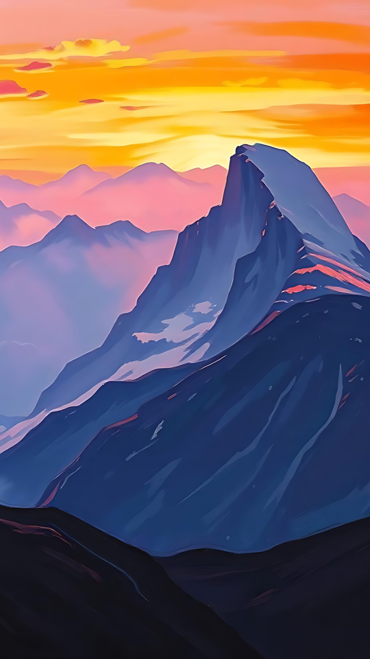 Ein atemberaubender Sonnenaufgang über Berggipfeln Ein lebhafter Sonnenaufgang über Berggipfeln mit warmen Farbtönen von Orange und Rosa, die sich zu purpurroten und blauen Tönen vermischen.