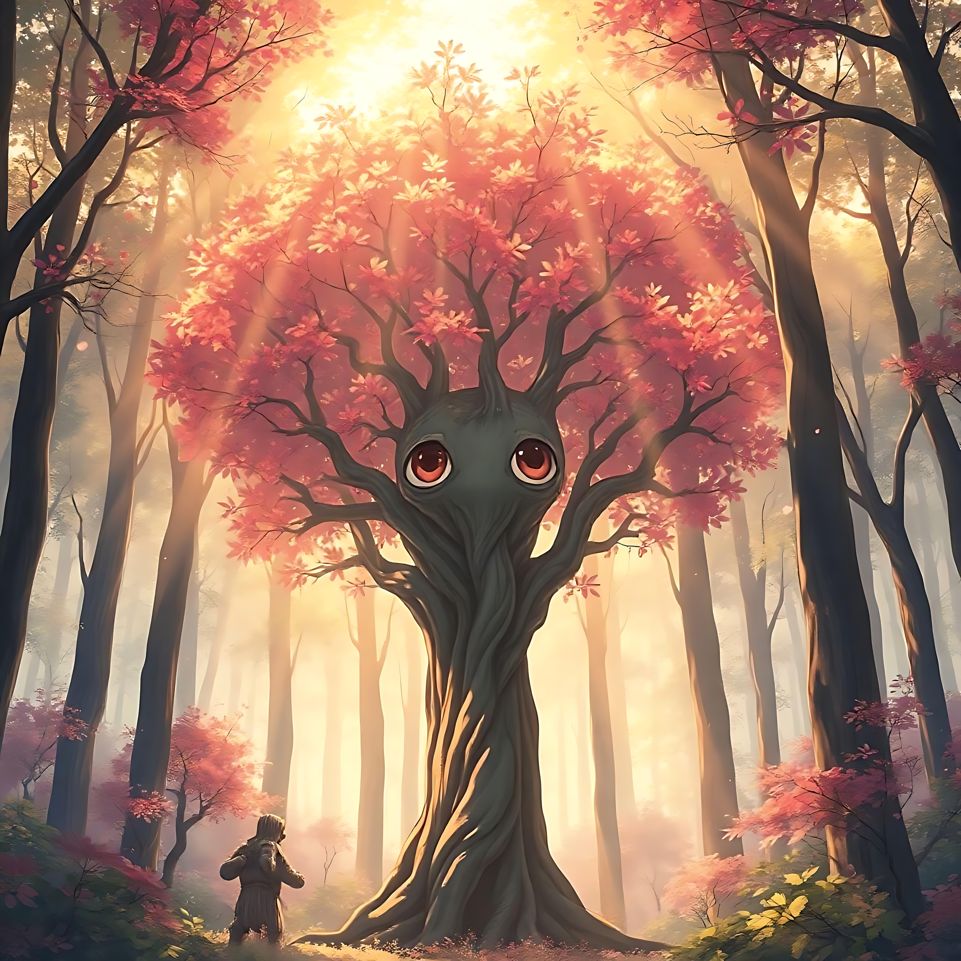 Arbre d'Anime Magique dans une Forêt Enchantée Œuvre d'art anime d'un arbre magique aux yeux brillants dans une forêt enchantée baignée de lumière dorée.