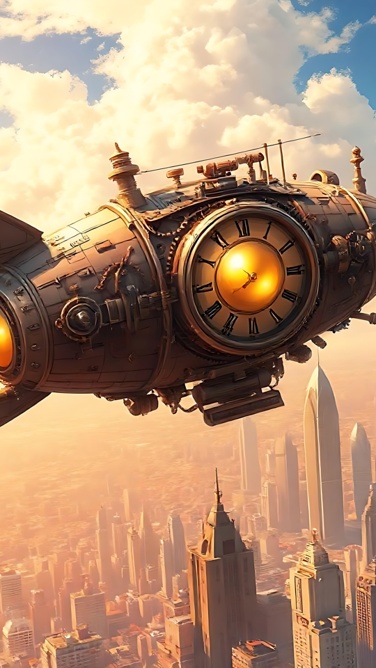 Dirigible Steampunk Elevándose sobre un Espléndido Paisaje Urbano Un dirigible steampunk con un centro de reloj brillante flotando sobre el horizonte de una ciudad iluminada por el atardecer en estilo anime.