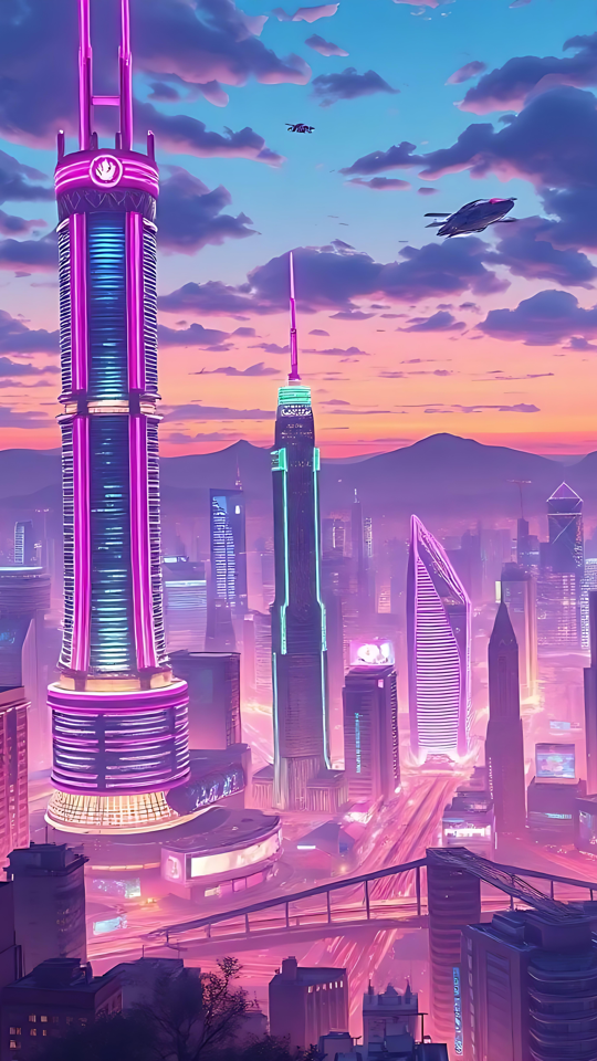 Neon-Träume: Eine Cyberpunk-Anime-Stadtlandschaft Eine futuristische Cyberpunk-Stadtlandschaft, beleuchtet von Neonlichtern mit einer lebendigen Anime-Ästhetik und einem farbenfrohen Sonnenuntergangshintergrund.