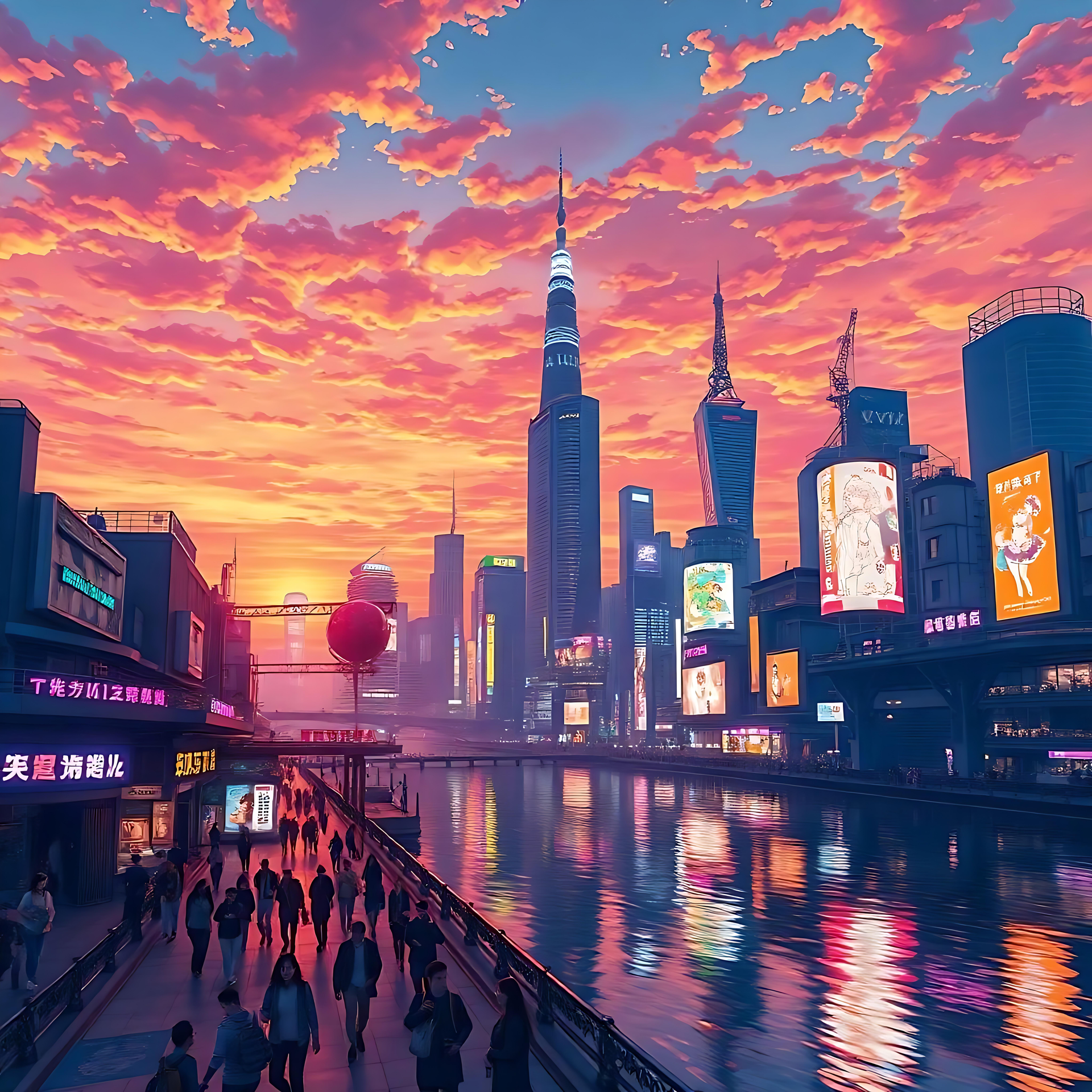 Ein verträumter Anime-Sonnenuntergang über einer lebendigen Stadt Anime-Stadtlandschaft mit einem glühenden Sonnenuntergang und modernen Wolkenkratzern, die sich auf einem Fluss spiegeln.