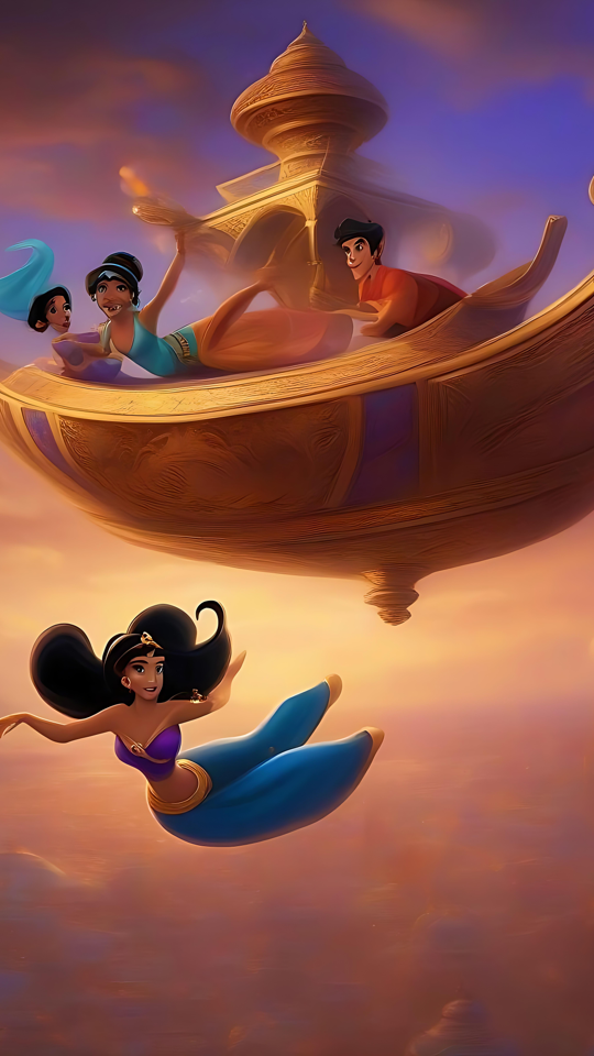En magisk mattfärd ovan molnen Disney Aladdin-inspirerat fantasykonstverk med en flygande matta i solnedgångshimlen.