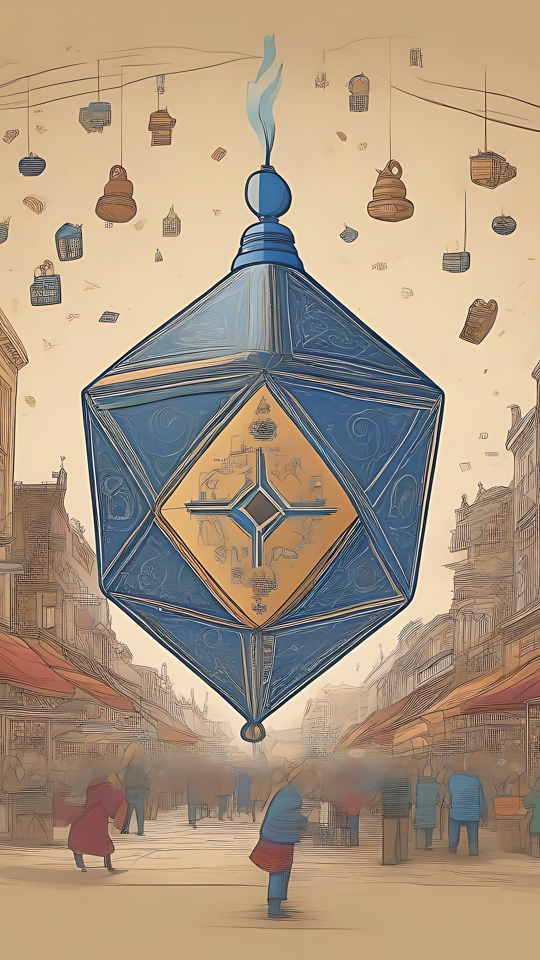 Majesteettinen Hanukkah Dreidel vilkkaalla torilla Taiteellinen kuvaus jättimäisestä dreidelistä, joka leijuu vilkkaan torin yllä Hanukkahin aikana.