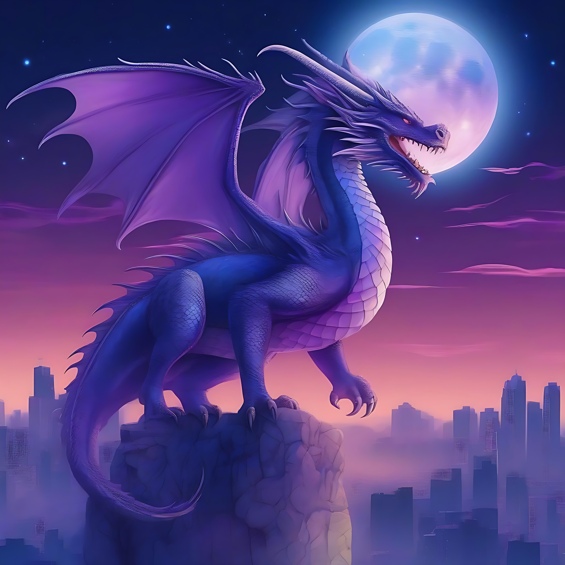Majestic Dragon Over Moonlit Skyline A majestic purple anime dragon perched above a moonlit urban skyline with dreamy colors.