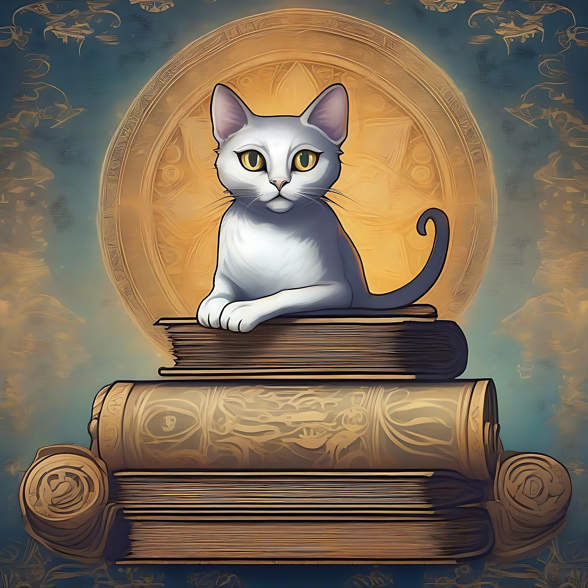 Le mystérieux chat blanc au milieu de la connaissance ancienne Un mystérieux chat blanc assis sur des livres anciens avec une aura dorée.