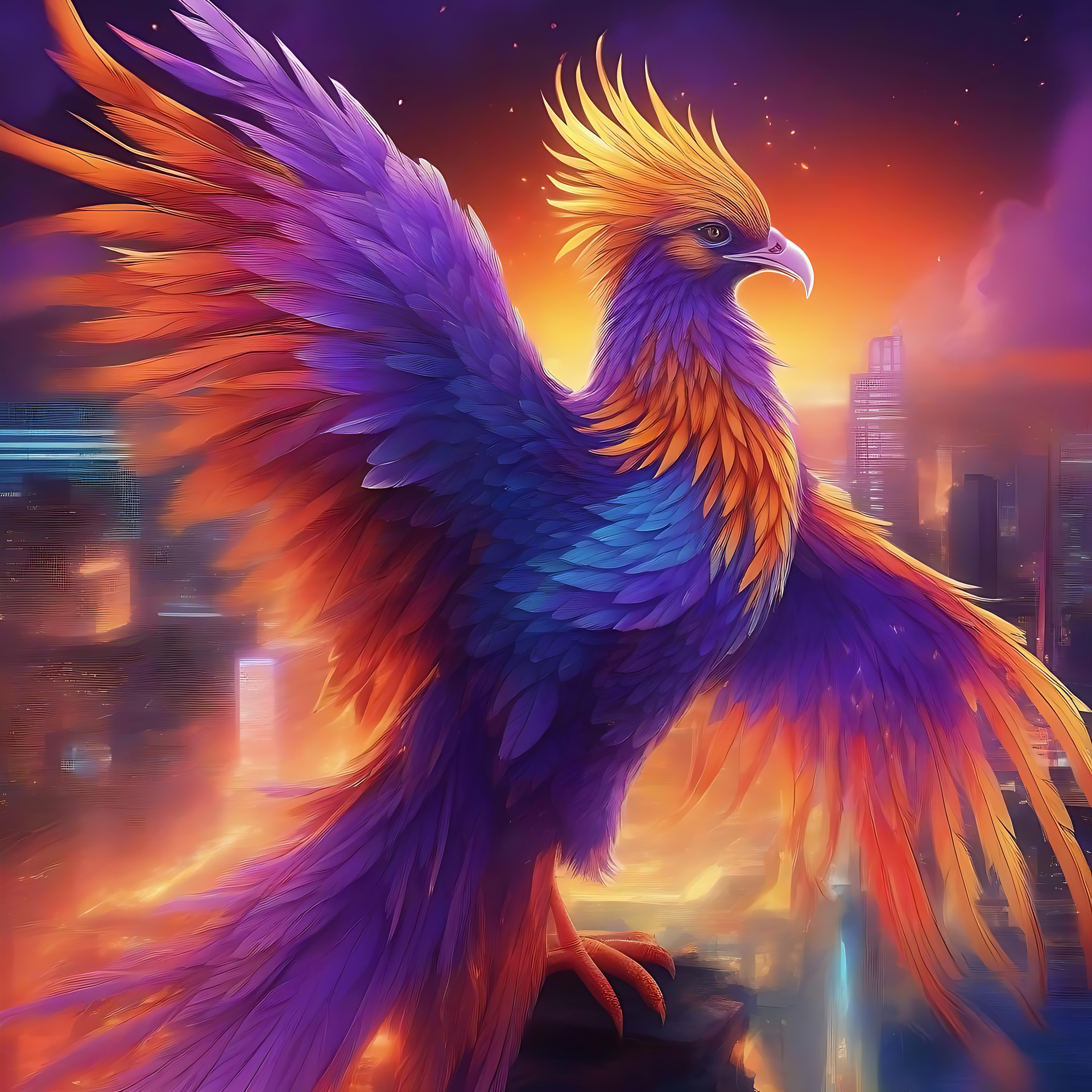 Le Phénix Anime Illumine le Skyline Néon Phénix de style anime avec des plumes orange et violettes vives planant au-dessus d'un paysage urbain éclairé au néon.