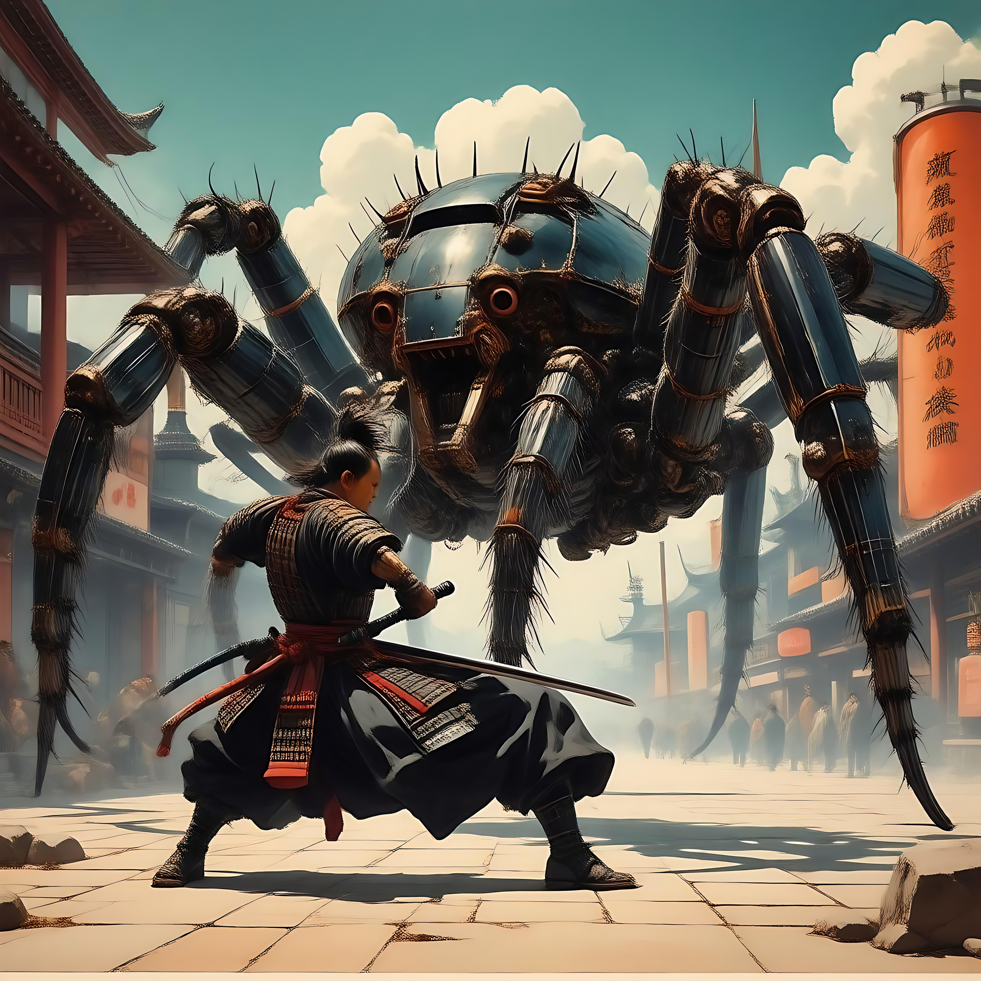 Samuraiens Opgør med den Kæmpe Mekaniske Edderkop En dramatisk scene i anime-stil, der viser en samurai, der står over for en kæmpe mekanisk edderkop på en japansk gade.