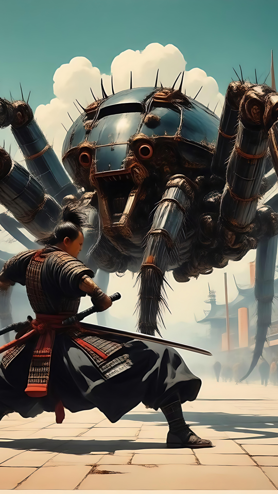 Samuraiens Opgør med den Kæmpe Mekaniske Edderkop En dramatisk scene i anime-stil, der viser en samurai, der står over for en kæmpe mekanisk edderkop på en japansk gade.