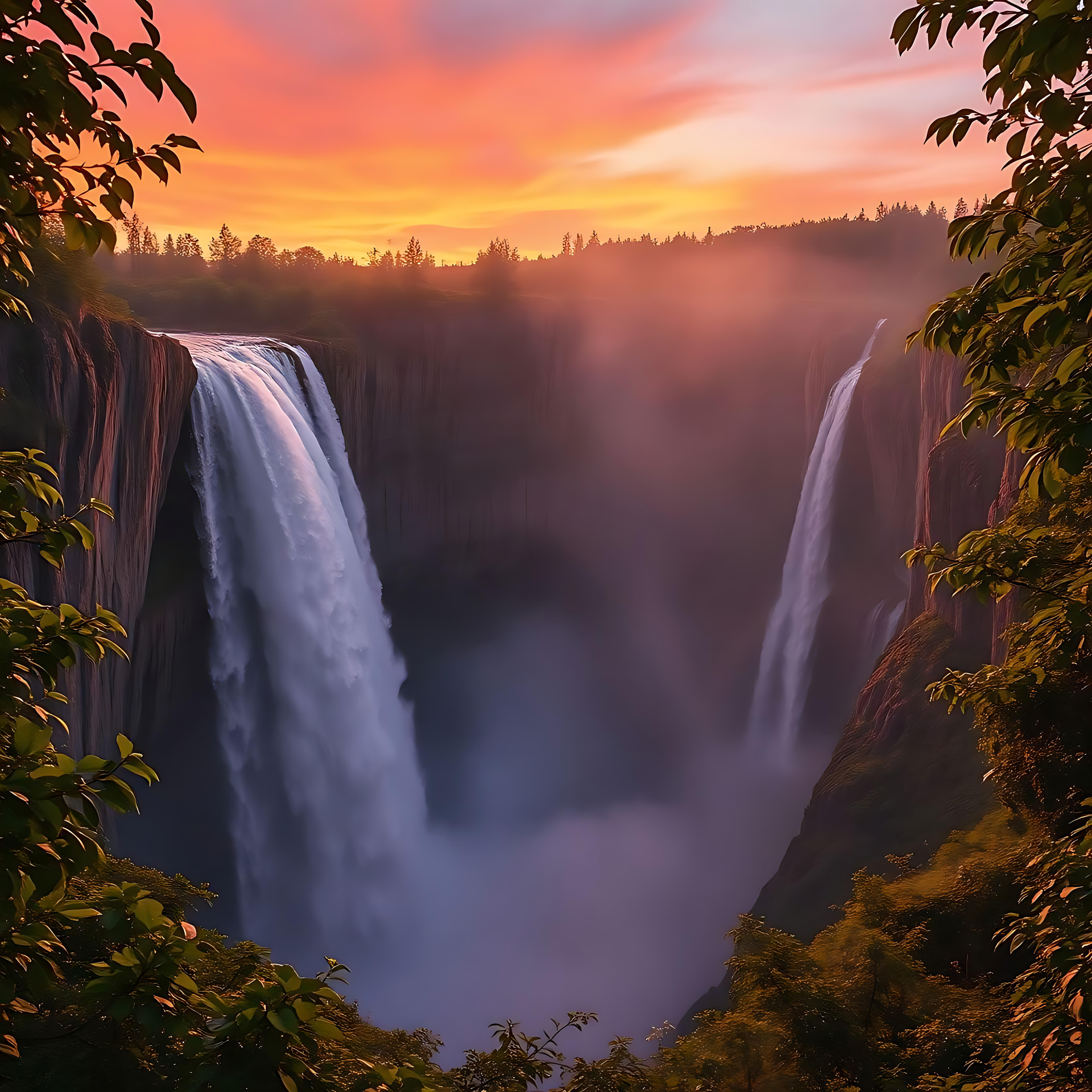 Kaskadoituvia vesiputouksia auringonlaskussa Kaksi suurta vesiputousta rehevän vehreyden ympäröimänä eloisan auringonlaskun aikana