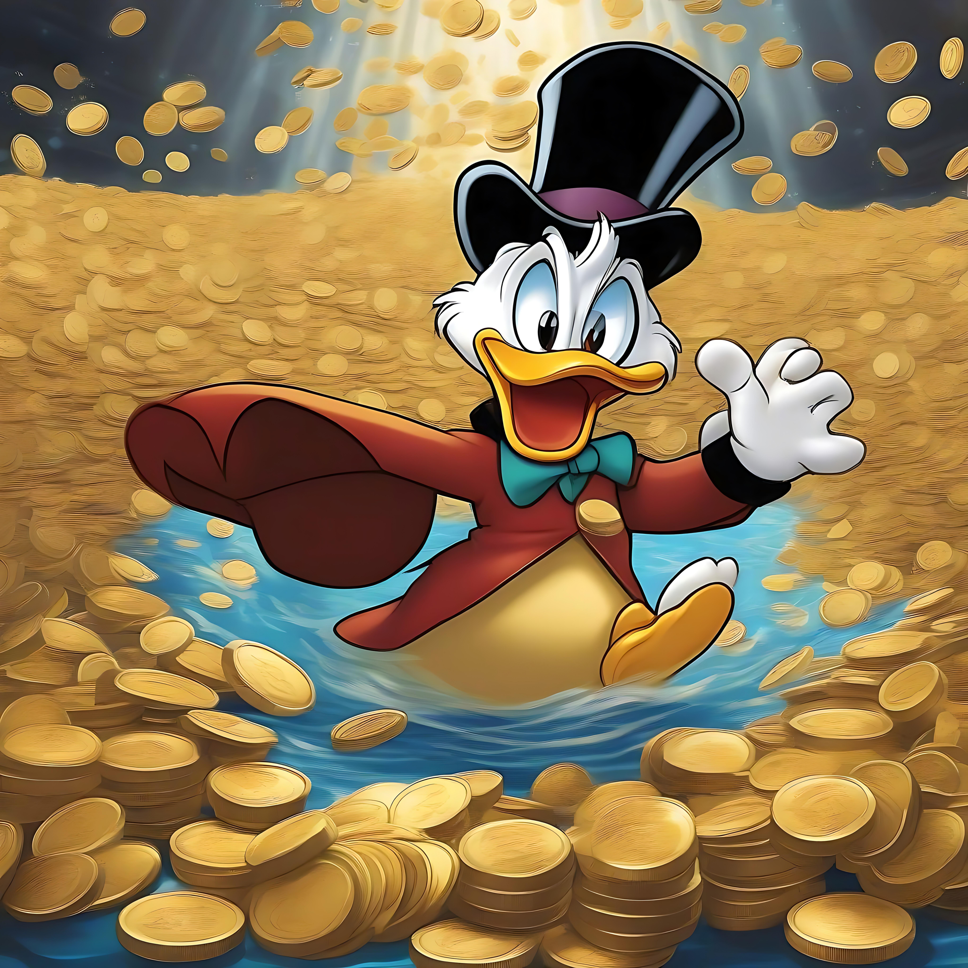Paperon de' Paperoni che nuota nell'oro - Iconica magia Disney Paperon de' Paperoni che si tuffa in un caveau pieno di monete d'oro, indossando un cappello a cilindro e un cappotto rosso.