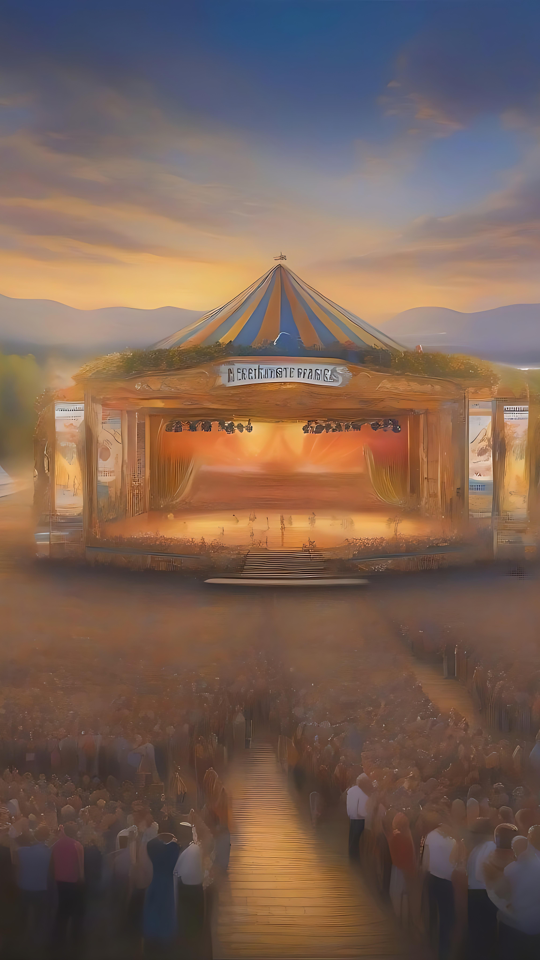 Strålande Oktoberfestfestival vid solnedgången En färgstark Oktoberfest-festivalscen med en stor folksamling och en glödande solnedgång i bakgrunden.