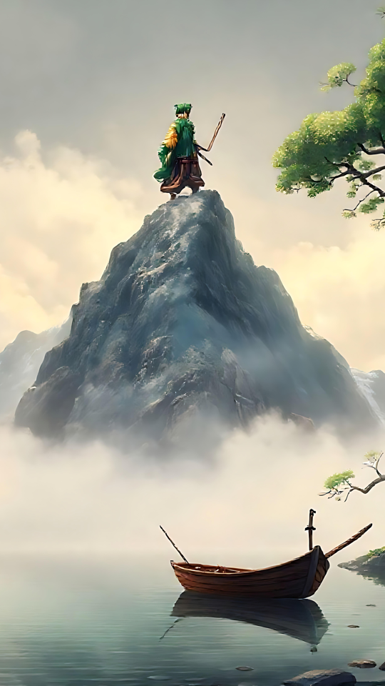 A Solidão do Guerreiro de Anime no Abraço da Natureza Guerreiro de anime em pé no topo de um pico de montanha, cercado por uma paisagem nebulosa, com um barco atracado perto do lago sereno abaixo.