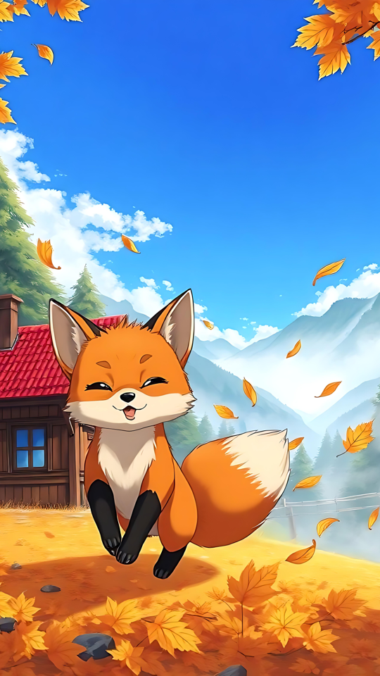 Skämtsam Räv Mitt i Höstens Lugn Bedårande anime-räv i en höstskog med gyllene löv och en mysig röd stuga.