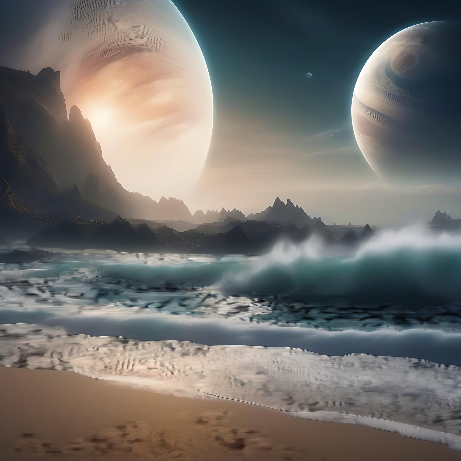 En Majestætisk Sci-Fi Strand Under Fjerne Tvillingeplaneter En sci-fi strandscene med bølger, tårnhøje bjerge og tvillingeplaneter på en surrealistisk fremmed himmel.