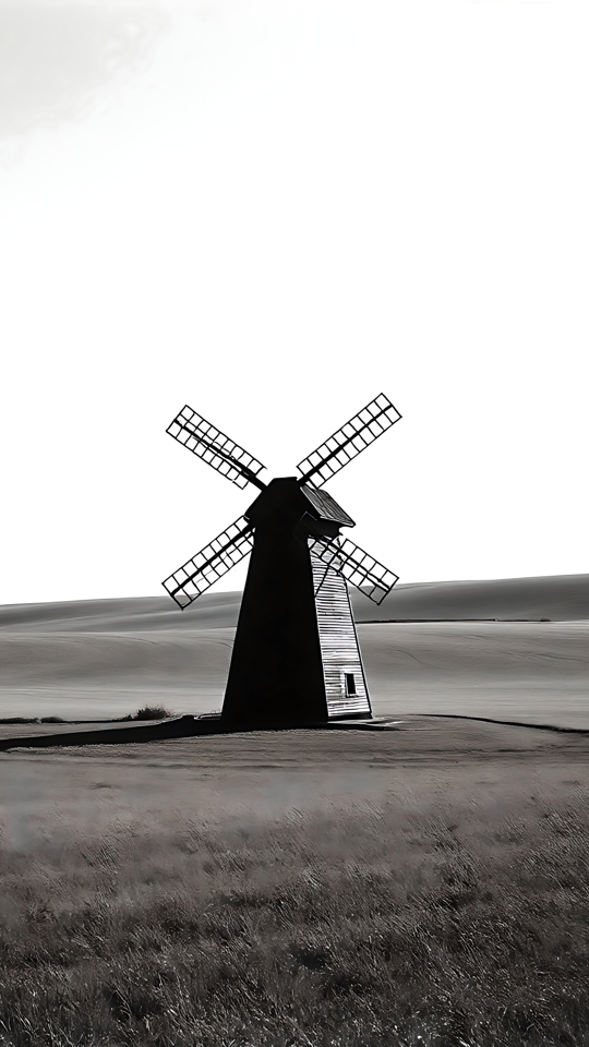 Ätherischer Charme einer Schwarz-Weiß-Windmühlenlandschaft Schwarz-Weiß-Fotografie einer Windmühle, die in offener Landschaft steht.