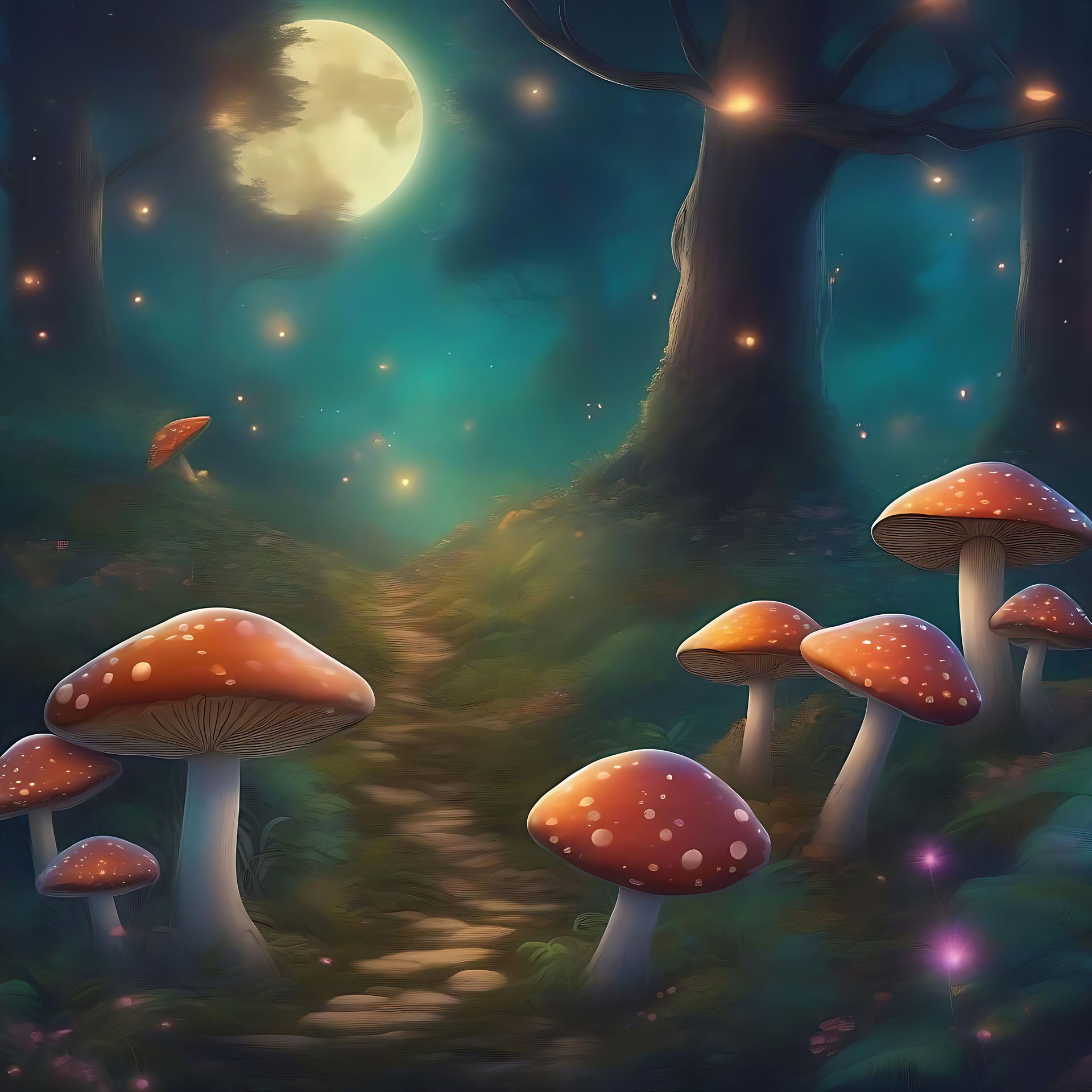 Foresta Mistica Sotto il Bagliore Lunare Foresta mistica con funghi luminosi sotto una luna piena