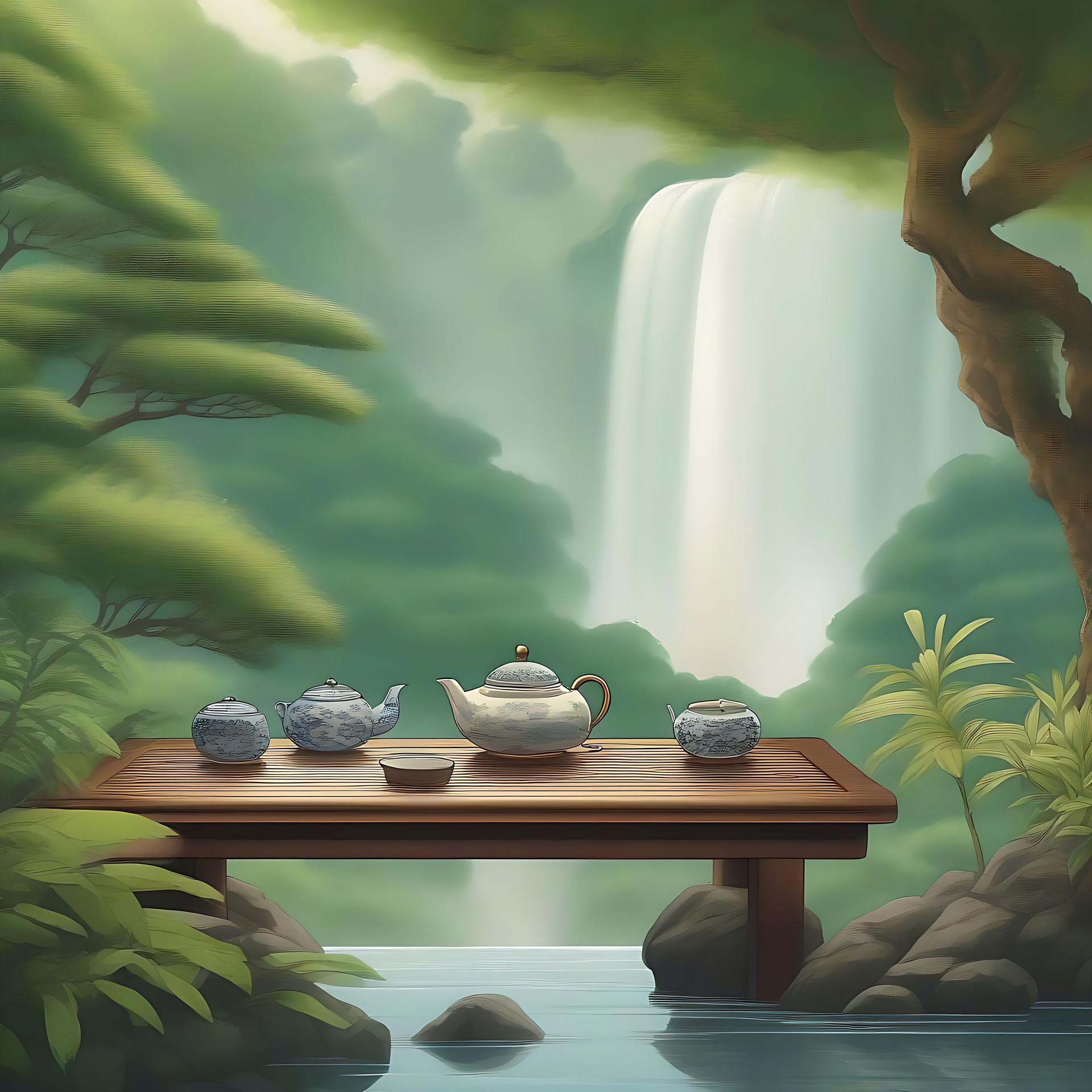 숲 속의 평화로운 애니메이션 티 세팅 풍요로운 숲 속의 차 테이블의 애니메이션 장면, 배경에는 폭포가 있습니다.