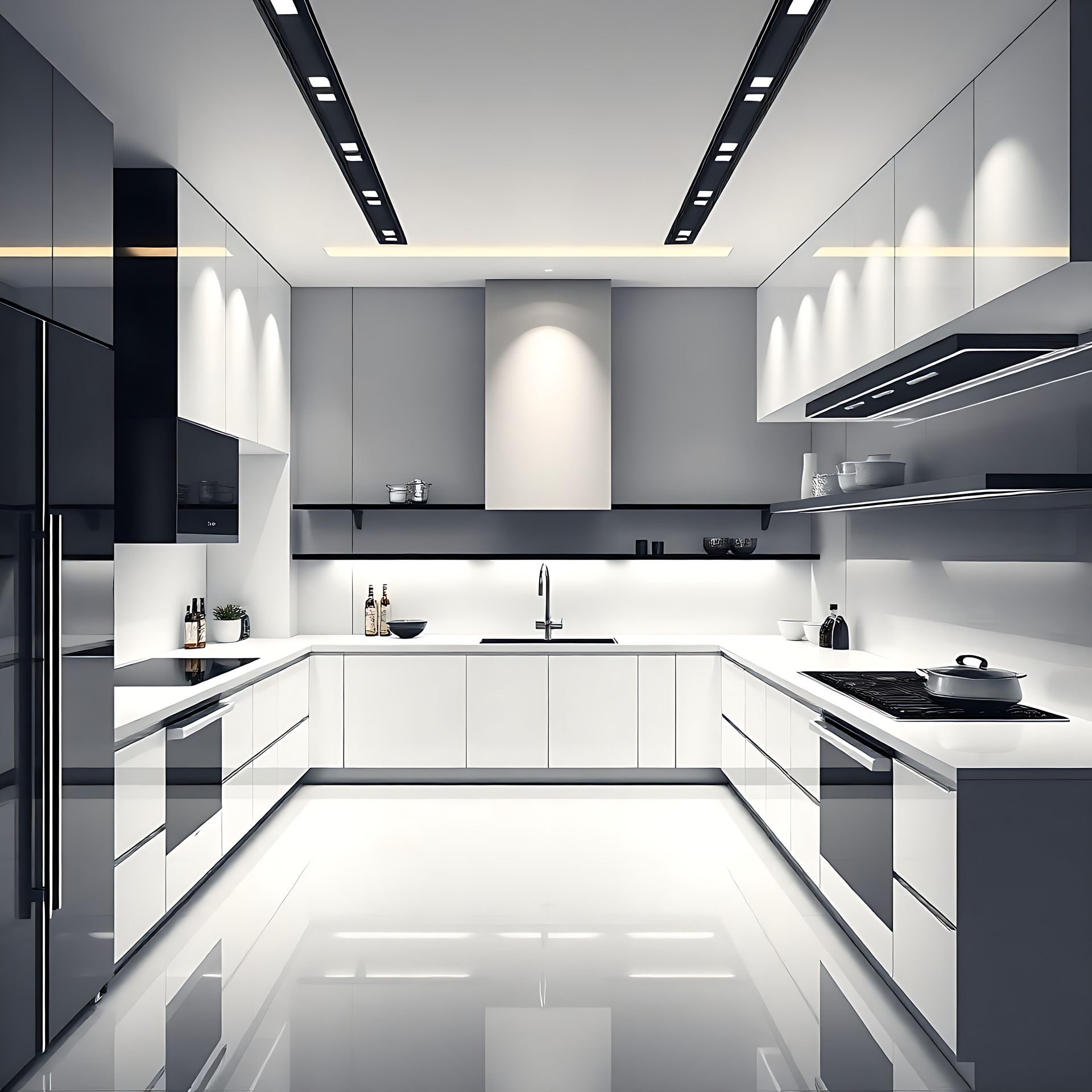 Elegant Minimalistisk Moderne Køkkenbaggrund Slankt, minimalistisk, moderne køkken med hvid og sort finish.