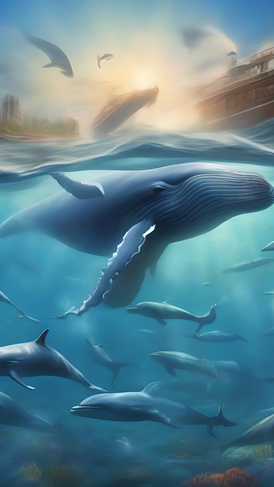 Explore a Tranquilidade da Vida Oceânica Uma cena subaquática serena com uma baleia cercada por vida marinha e um navio acima da superfície, brilhando com a luz do sol.