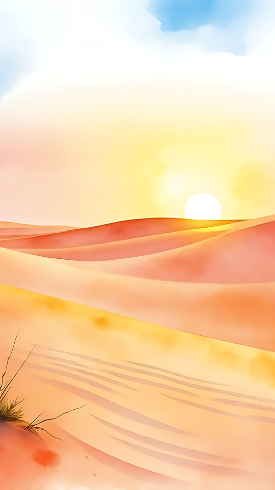 Ein ruhiger Wüstensonnenuntergang für die Ramadan-Reflexion Ein ruhiger Wüstensonnenuntergang mit warmen orangefarbenen Dünen und einer hell leuchtenden Sonne, der Ramadan und Eid feiert.