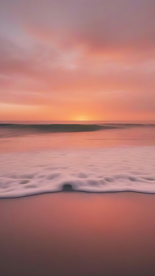 Ein beruhigendes rosa Leuchten: Sonnenuntergang über sanften Gezeiten Ein ruhiger rosa Sonnenuntergang über einem ruhigen Strand mit sanften Wellen.