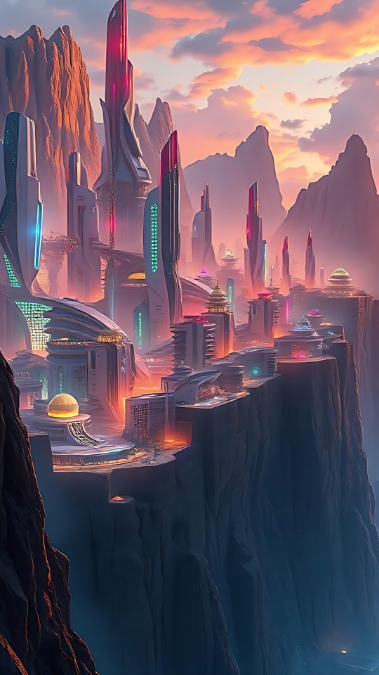 Futuristic Cliffside Cityscape at Sunset A stunning futuristic city on a cliff at sunset with neon-lit skyscrapers and glowing paths under a colorful sky.