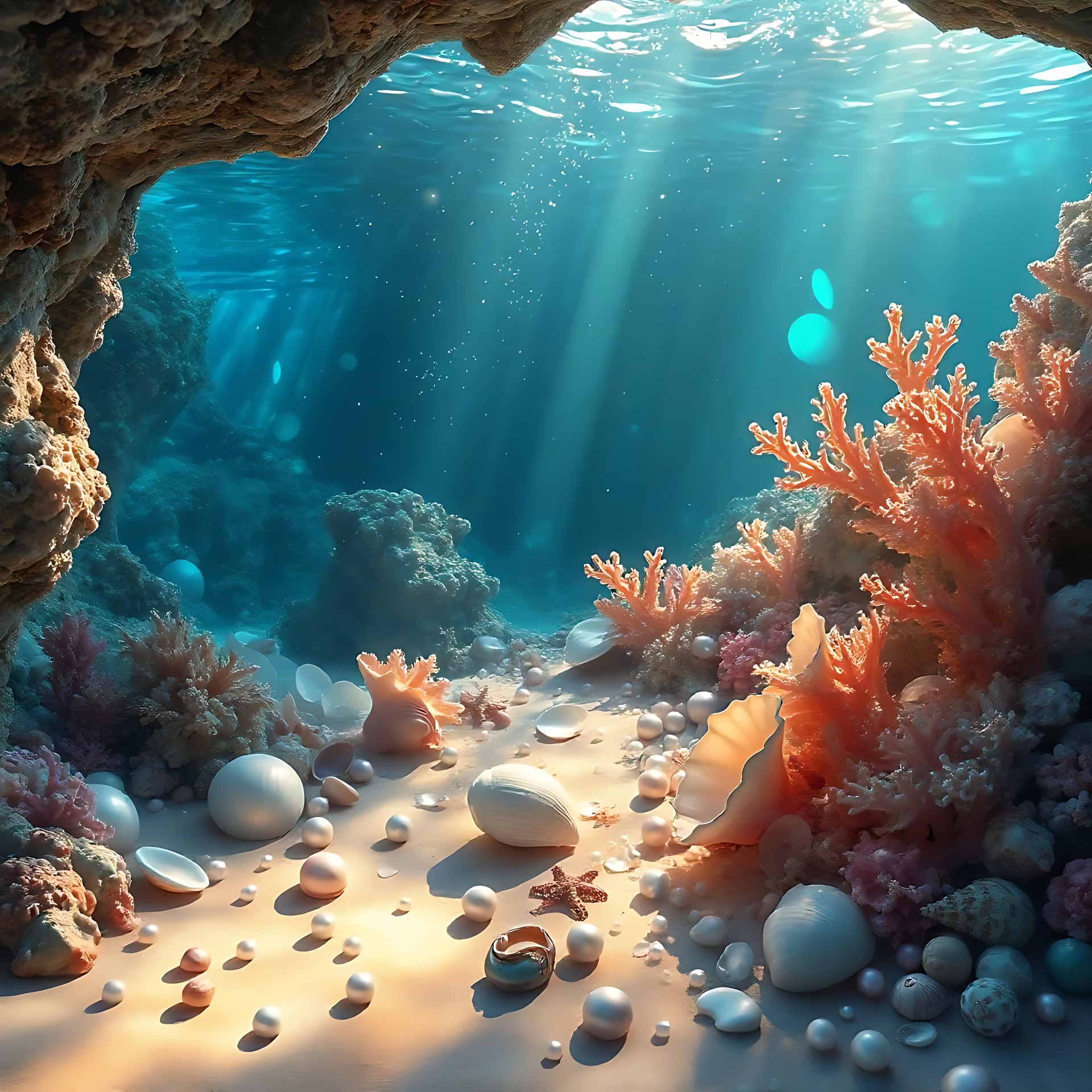 Plongez dans un paradis sous-marin enchanté Une scène de corail sous-marin coloré avec des rayons de soleil et des coquillages dans un cadre de grotte enchanteur.