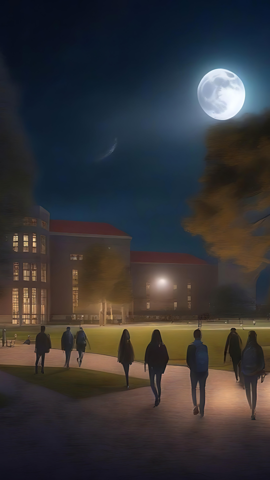 Campus éclairé par la lune : La beauté de la nuit de remise des diplômes Campus éclairé par la lune avec des silhouettes d'étudiants marchant sous une pleine lune lors d'une nuit de remise de diplômes sereine.