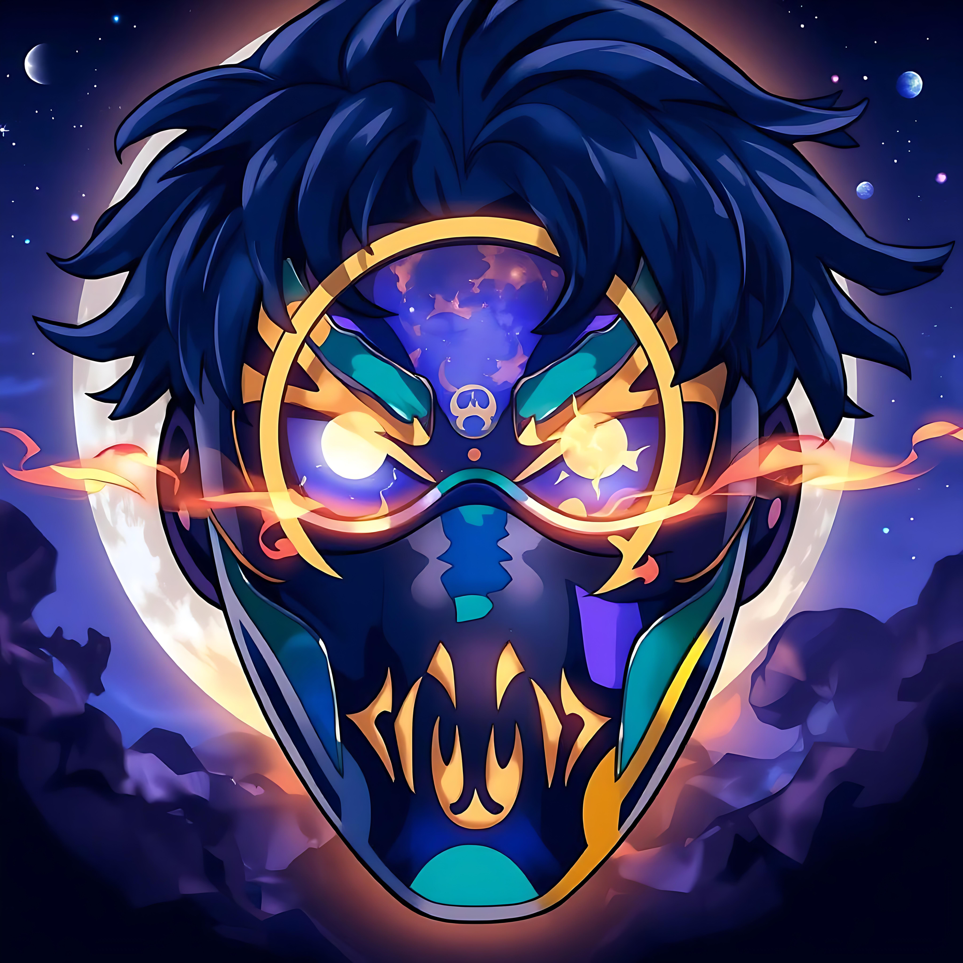 L'Enigma del Guerriero Anime Mascherato Splendente Opera d'arte anime di un guerriero mascherato splendente con design cyberpunk sotto un cielo illuminato dalla luna e circondato da nuvole scure.