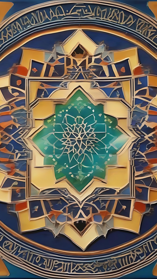 Exquisites Ramadan-Mosaik-Wallpaper mit komplizierten islamischen Designs Ein lebhaftes islamisches Mosaikdesign mit geometrischen Mustern in Blau-, Gold- und Grüntönen, das Ramadan- und Eid-Feierlichkeiten symbolisiert.
