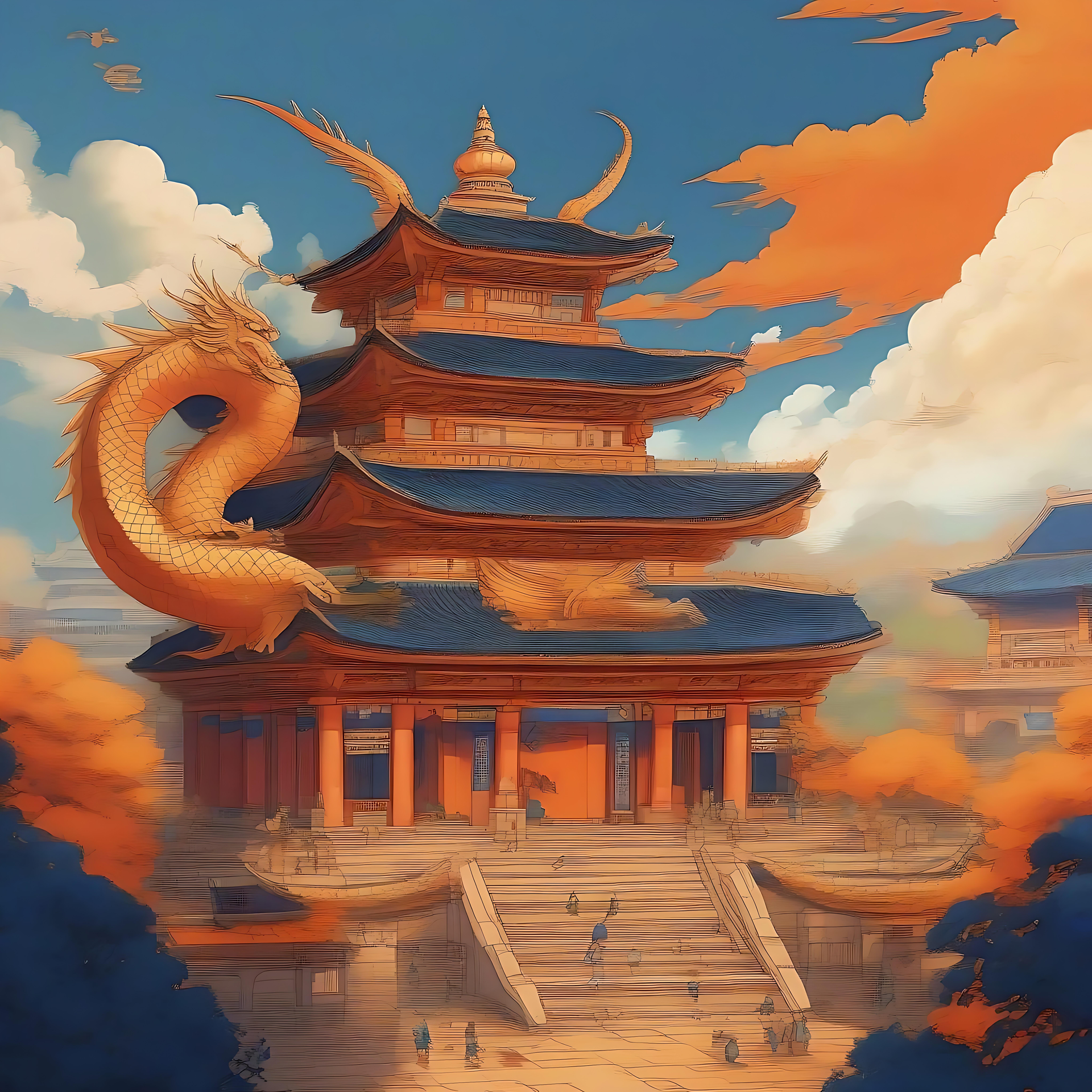 Goldener Drache schlängelt sich um einen majestätischen Tempel Goldener Drache schlängelt sich um einen majestätischen Anime-Tempel unter einem ruhigen Himmel