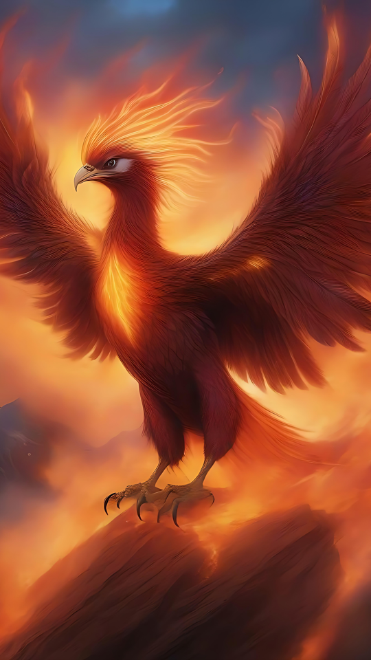 Fênix majestosa voando em meio a fogo e glória Uma fênix majestosa com asas alaranjadas empoleirada num pico de montanha, brilhando numa chama mística.