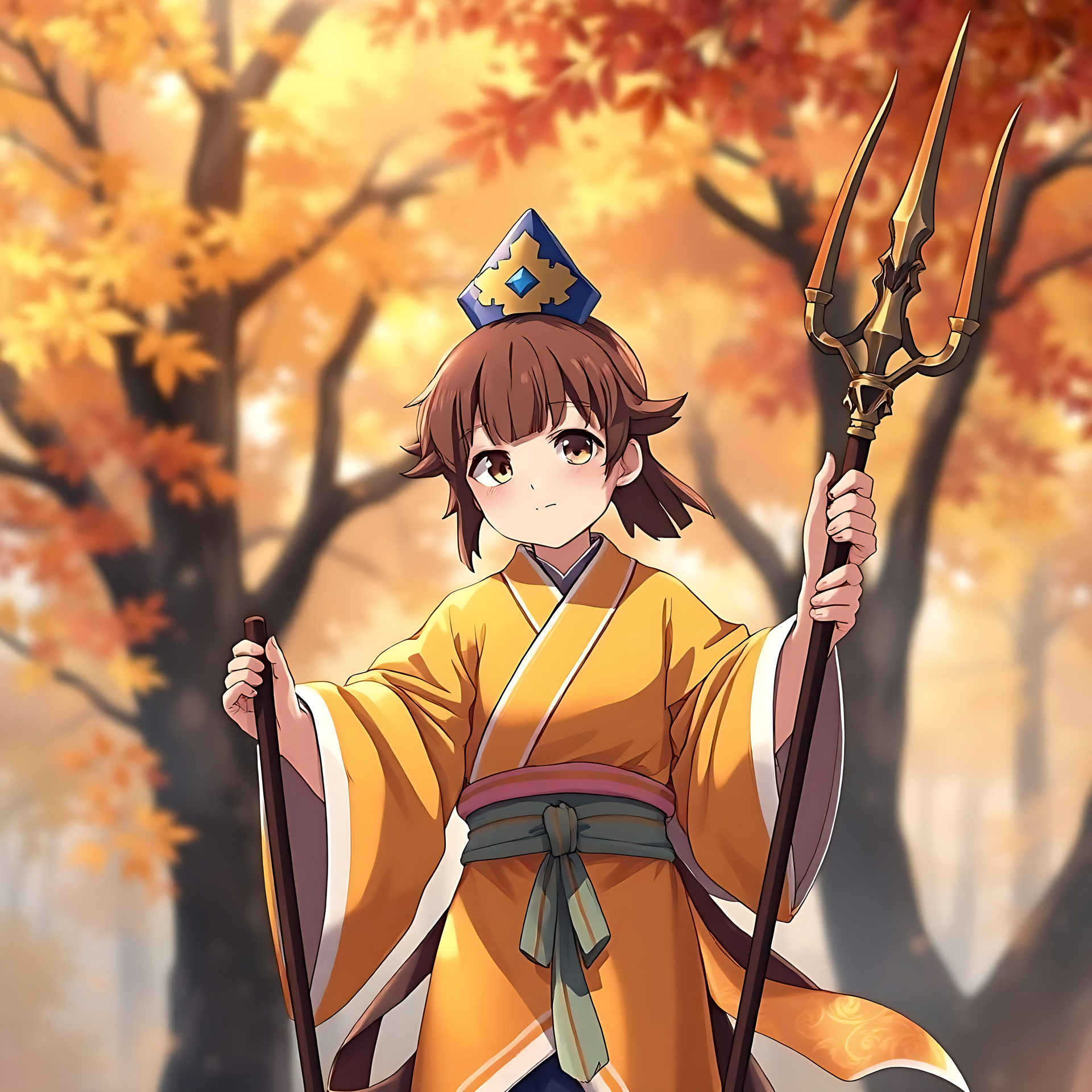 Graceful Anime Warrior Amidst Autumn Splendor An anime warrior holding a trident standing in an autumn forest with golden leaves.
