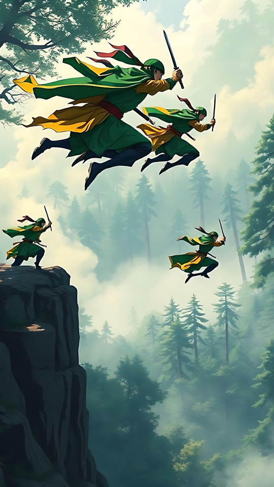 Epische Anime-Krieger trotzen der Schwerkraft in einem mystischen Wald Anime-Krieger springen mit Schwertern in der Hand durch einen üppigen Wald, in einer dynamischen Pose in der Luft.