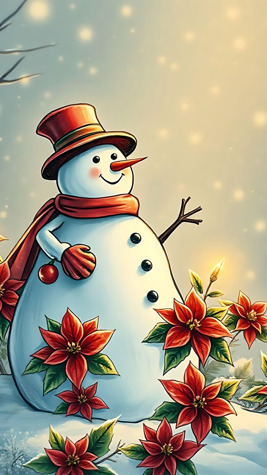Glad snögubbe omgiven av julstjärnor Glad snögubbe omgiven av röda julstjärnor i en snöig julmiljö.