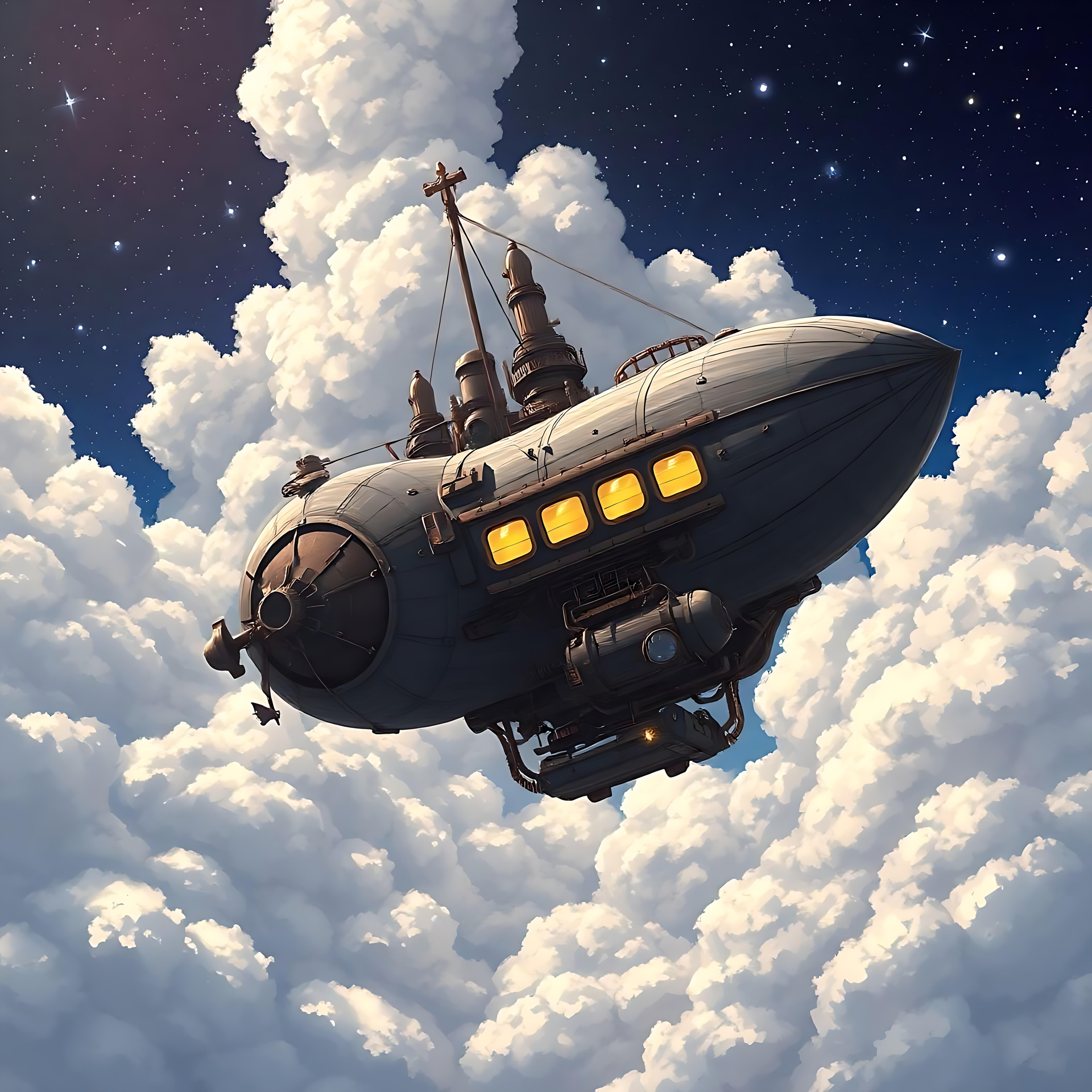 A Viagem Celestial de um Dirigível Steampunk Dirigível steampunk de anime flutuando em um céu estrelado acima das nuvens.