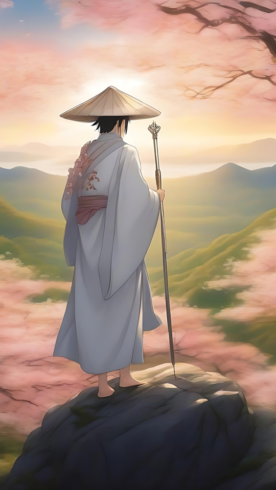 Fredelig Samurai midt i Kirsebærblomster Anime samurai med udsigt over en kirsebærblomstdal ved solnedgang