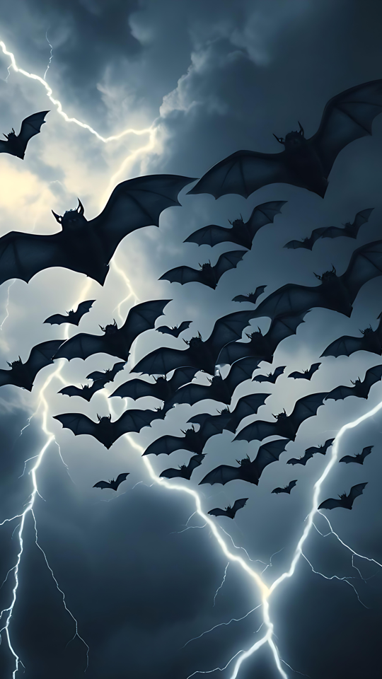 Enjambre de Murciélagos en un Cielo Tormentoso de Halloween Enjambre de murciélagos volando en medio de un cielo nocturno tormentoso iluminado por relámpagos