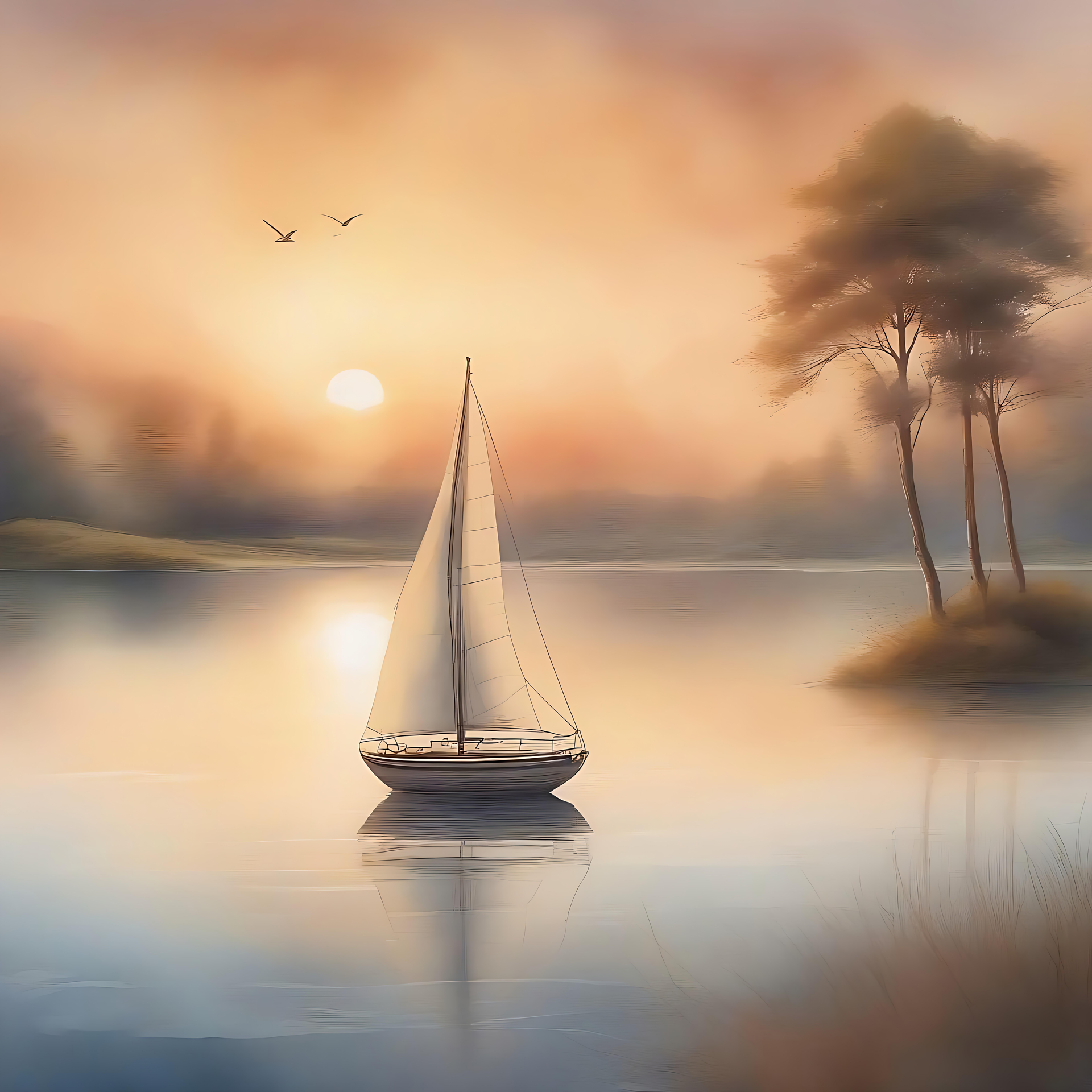 Coucher de Soleil Serein sur un Lac Paisible Un coucher de soleil serein avec un voilier sur des eaux calmes reflétant des teintes orange et dorées douces.