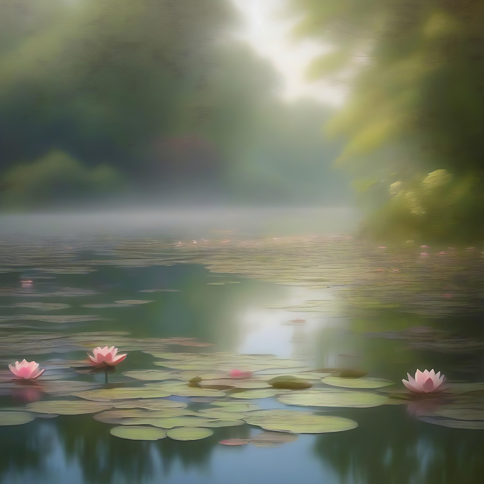 Misty Lily Pond: A Glimpse of Natural Tranquility A serene lily pond surrounded by greenery under a misty morning sky.