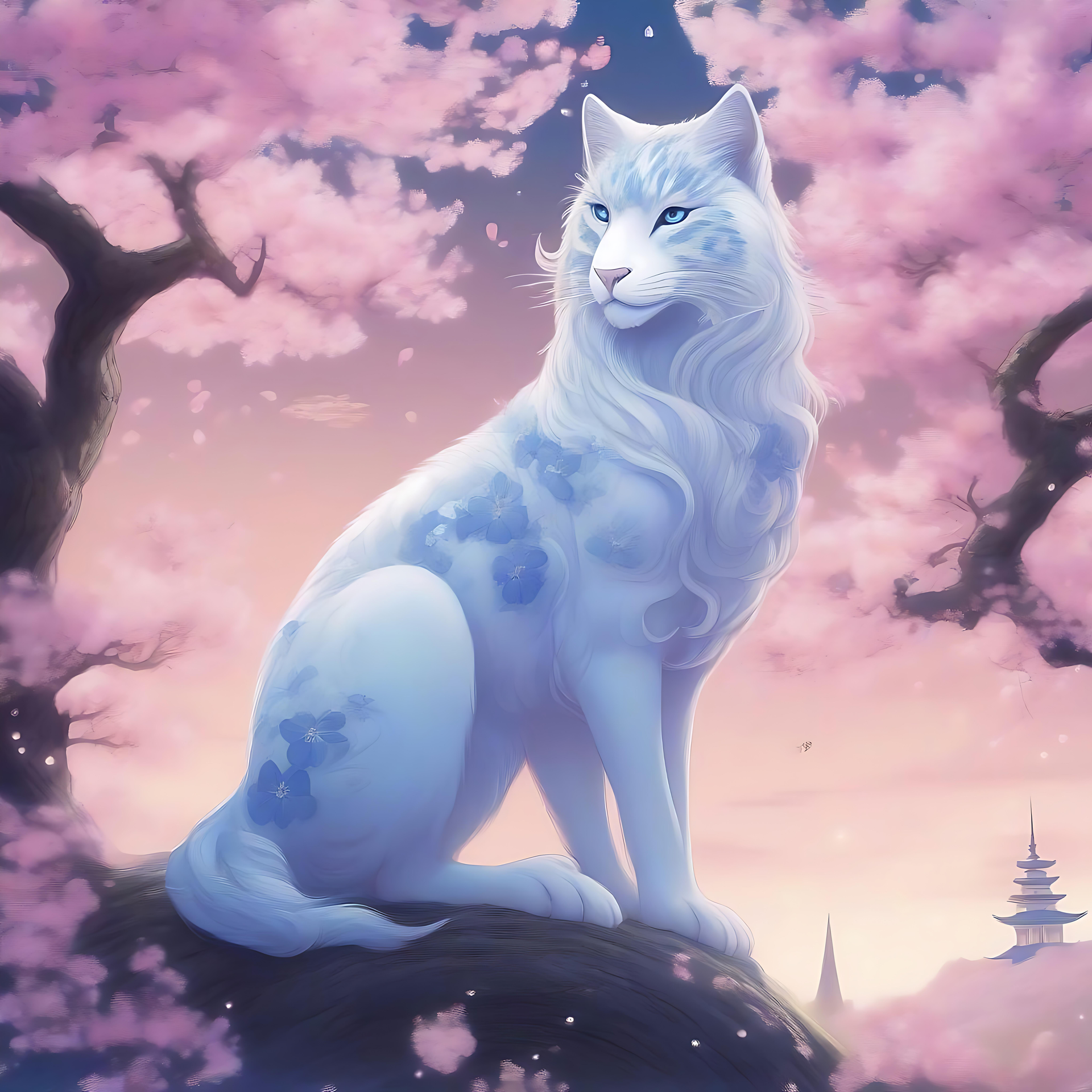 Rauhallinen Anime Kissa Kirsikankukkien Keskellä Mystinen animetyylinen valkoinen kissa sinisillä kukkakuvioilla kirsikankukkien keskellä auringonlaskun aikaan.