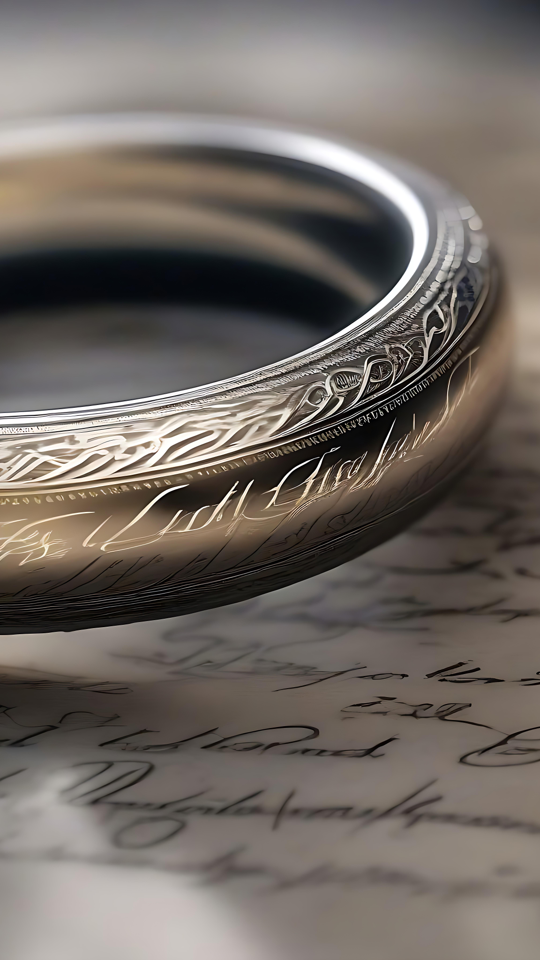 Fordyb dig i Mysteriet om Den Ene Ring fra Midgård Nærbillede af Den Ene Ring med lysende elver-skrift på antik pergamentbaggrund.